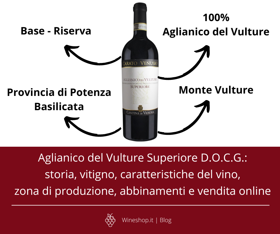 Aglianico del Vulture Superiore D.O.C.G.: storia, vitigno, caratteristiche del vino, zona di produzione, abbinamenti e vendita online